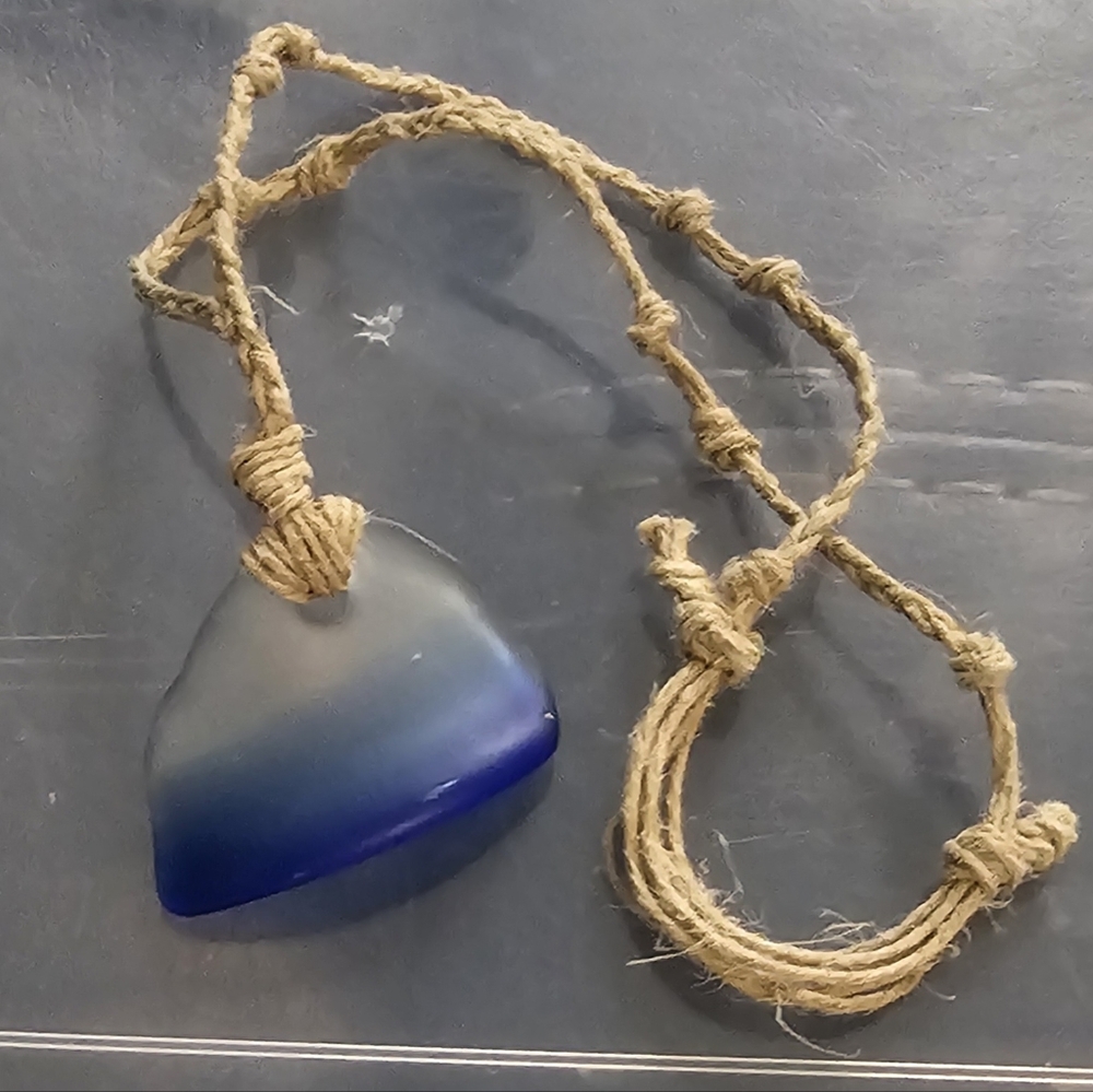 Blue Tumbled Glass Adjustable Macrame Necklace